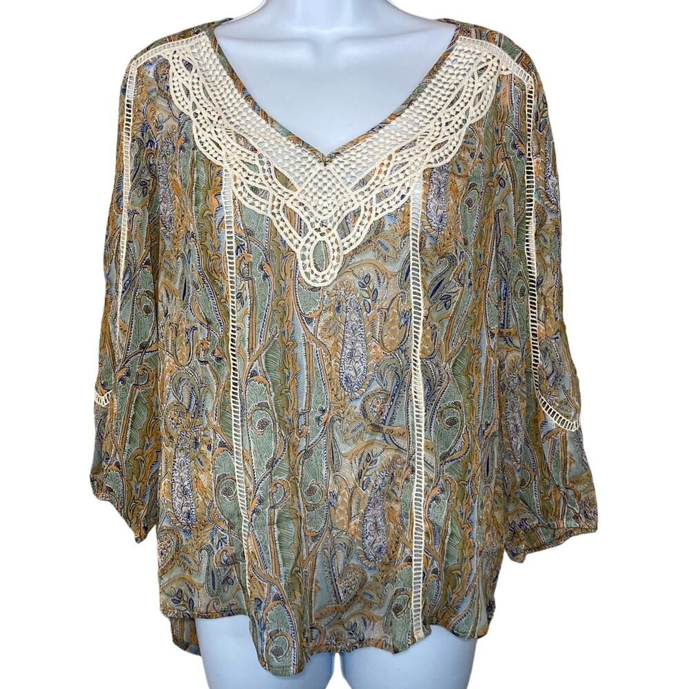 Meadow Rue Blouse S Small Paisley Crochet Semi Sheer Peasant Top Anthropologie